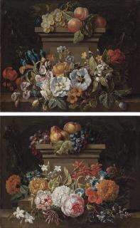 Gaspar Peeter Verbruggen II - A swag of flowers in a niche, with grapes, plums and peaches on a plinth; and A swag of flowers in a niche, with pears and grapes on a plinth