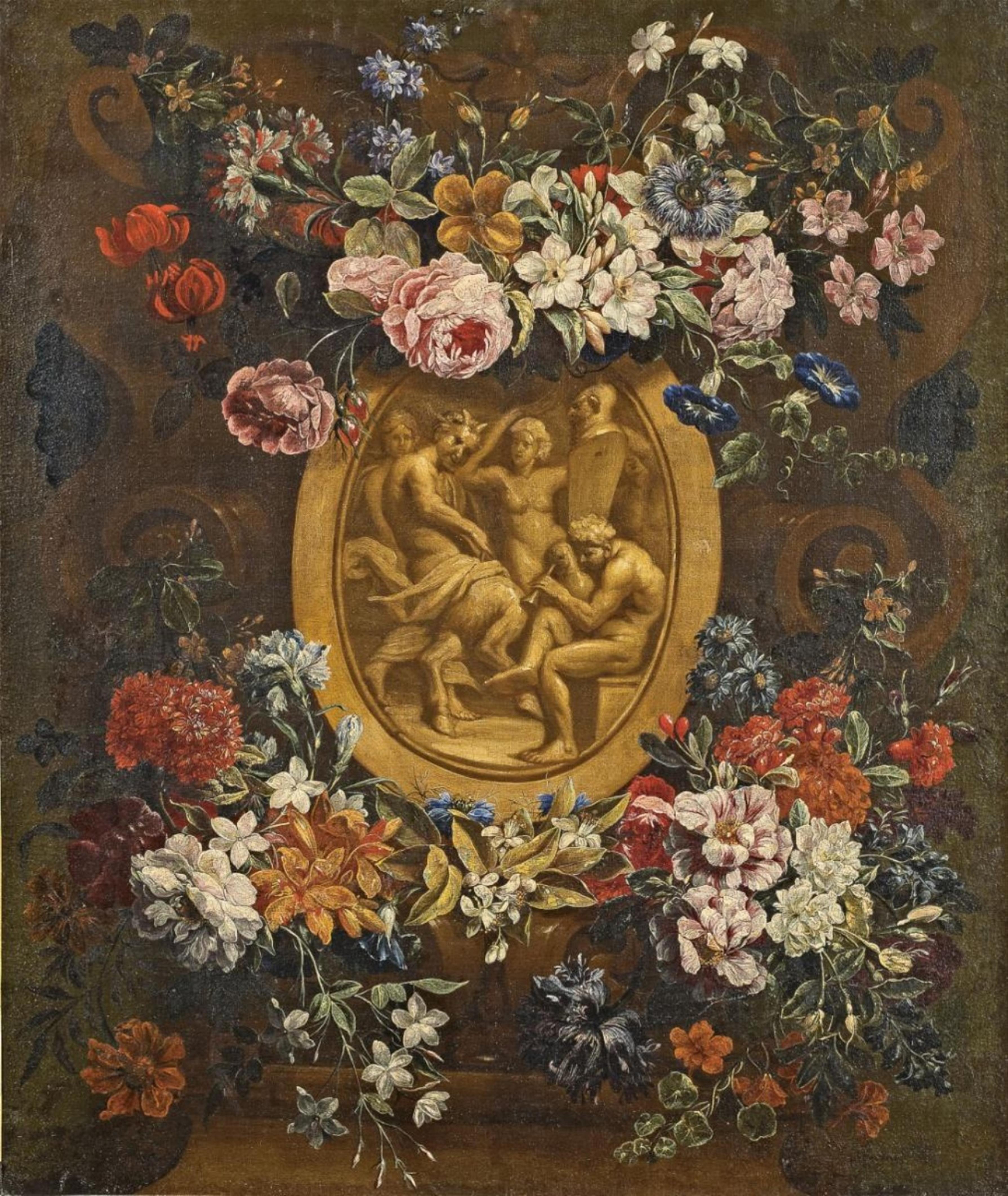 Gaspar Peeter Verbruggen II - Blumengirlande um eine Steinkartusche mit einer Satyrszene