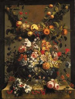 Gaspar Peeter Verbruggen II - Tulips, roses, carnations, lilies, chrysanthemums and other flowers in an urn on a stone ledge, a bough of oranges, pears, grapes, cherries, nectarines and plums above