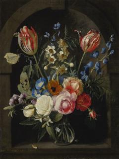 Gaspar Peeter Verbruggen The Elder - Still Life Of A Glass Vase Flowers In A Stone Niche With Tulips, Peonies, Narcissi And Other Flowers And A Butterfly