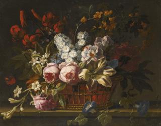 Gaspar Peeter Verbruggen The Elder - Still Life Of Pink Roses, Tulips, Hyacinths, Jasmine And Other Flowers Loosely Arranged In A Wicker Basket, All Upon A Stone Ledge