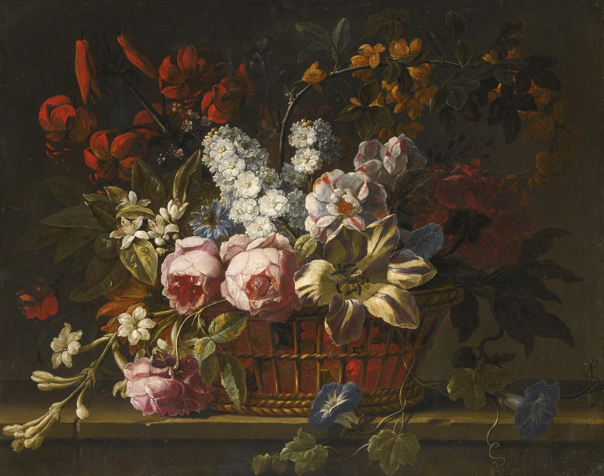 Gaspar Peeter Verbruggen The Elder - Still Life Of Pink Roses, Tulips, Hyacinths, Jasmine And Other Flowers Loosely Arranged In A Wicker Basket, All Upon A Stone Ledge