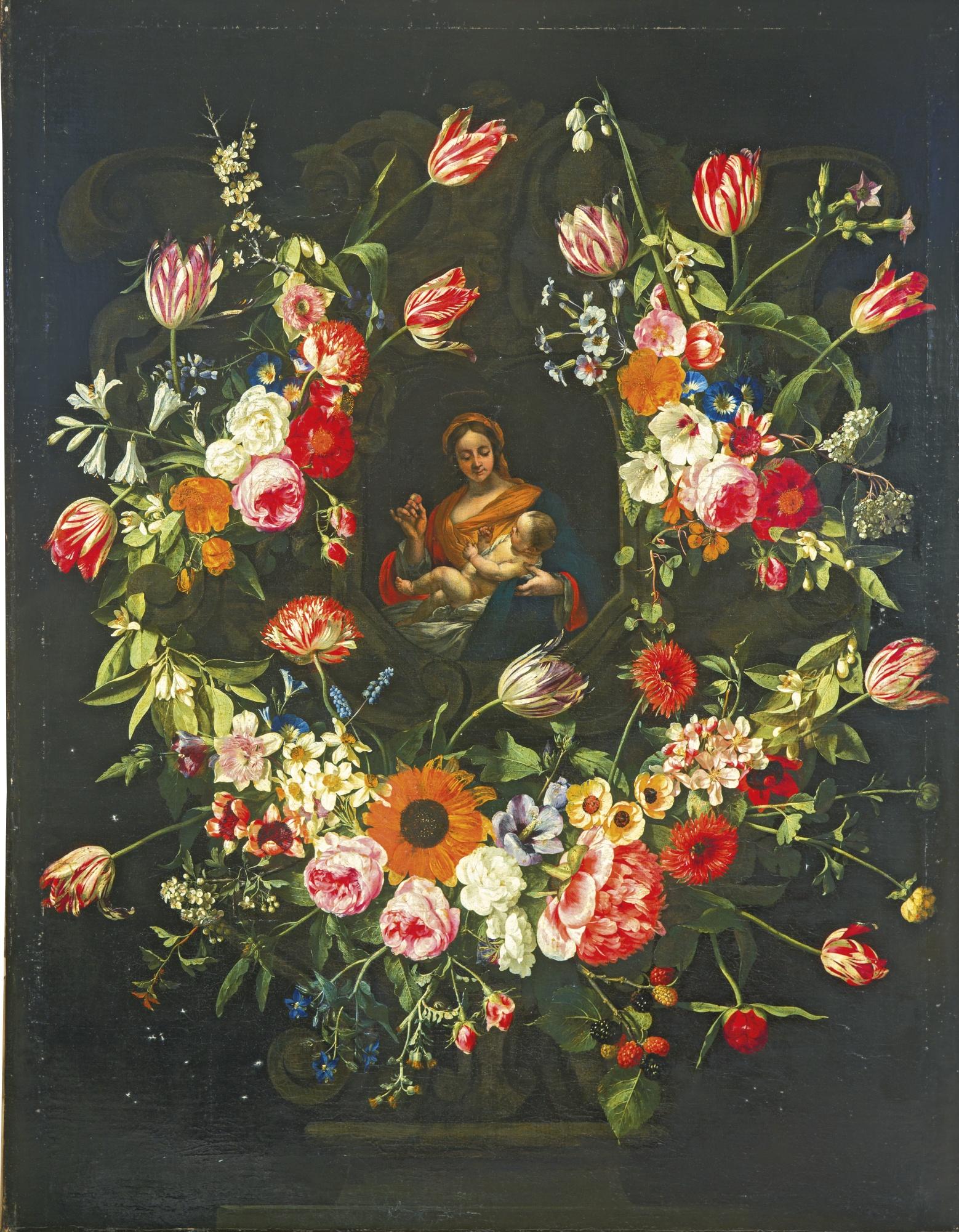 Gaspar Peeter Verbruggen The Elder - The Virgin And Child In A Stone Niche, Surrounded By Garlands Of Flowers