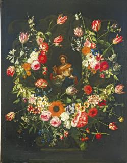 Gaspar Peeter Verbruggen The Elder - The Virgin And Child In A Stone Niche, Surrounded By Garlands Of Flowers