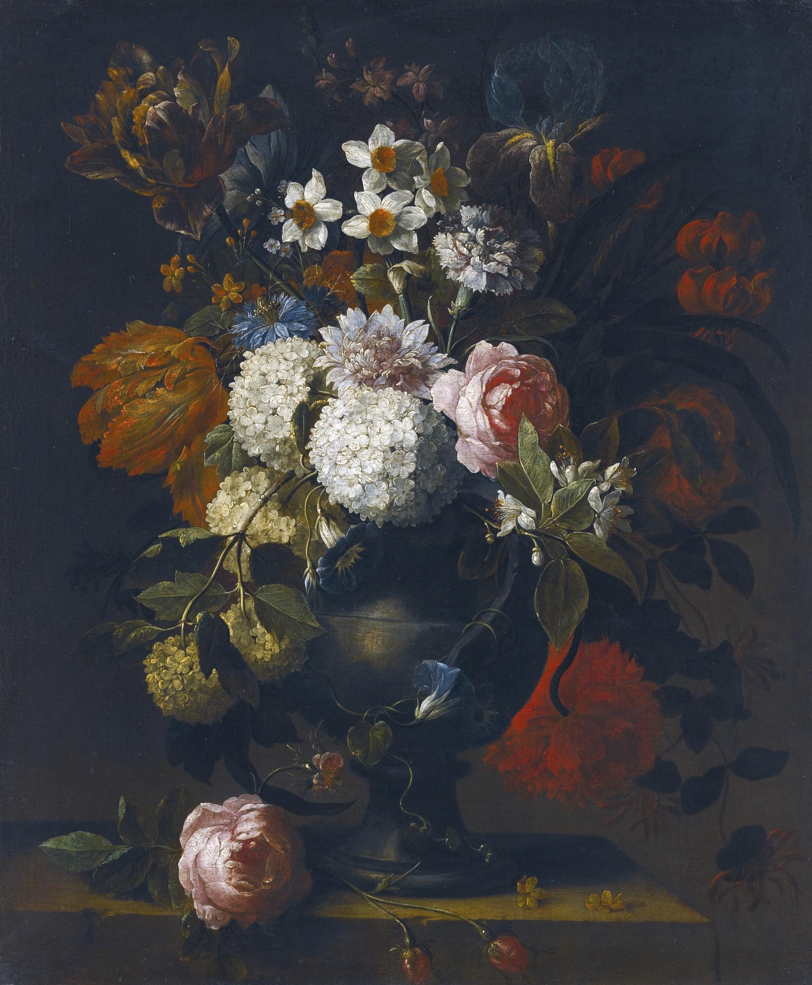 Gaspar Peeter Verbruggen The Younger - A Still Life Of Guelder Roses, Tulips, Daffodils, An Iris, A Peony And Other Flowers In A Vase On A Stone Ledge