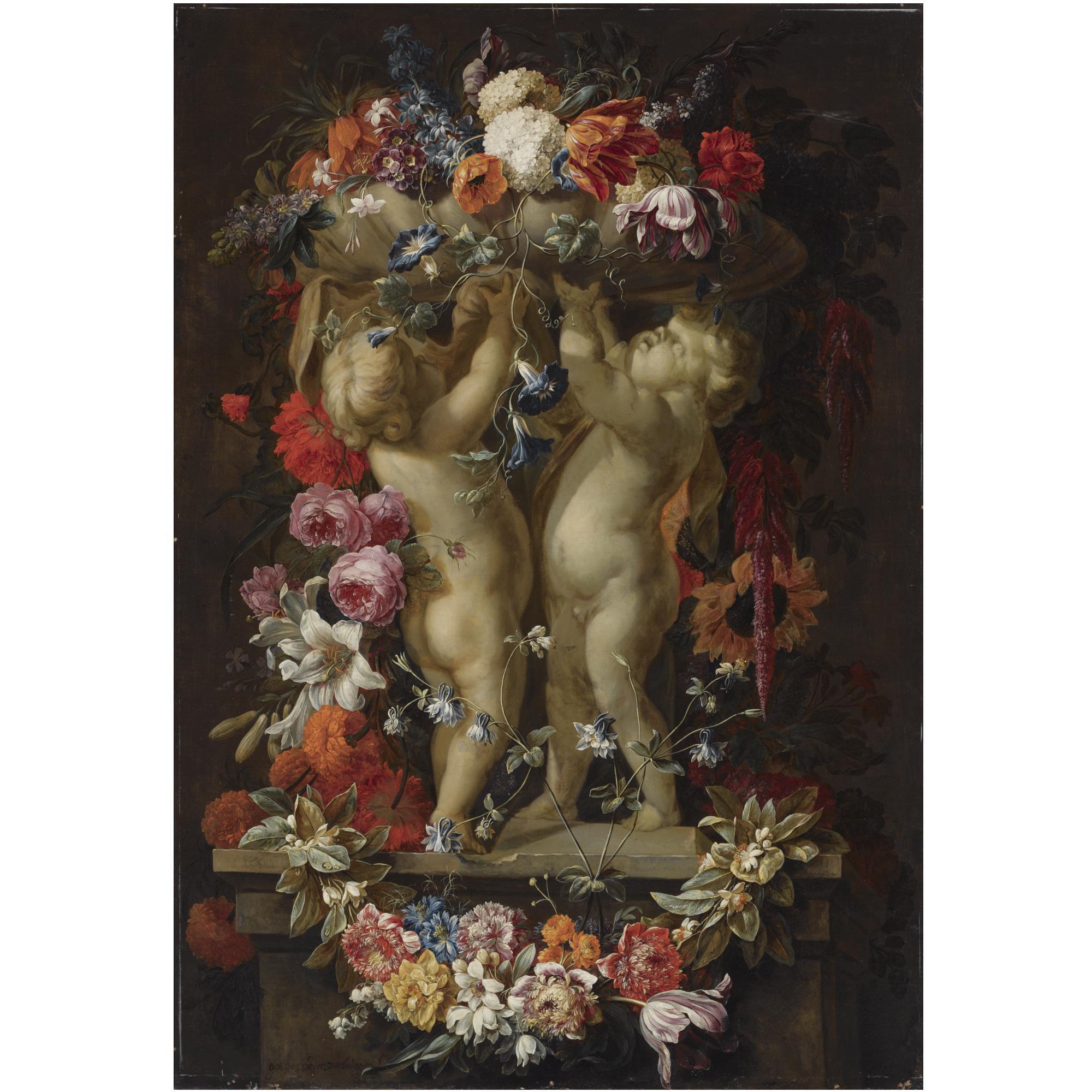 Gaspar Peeter Verbruggen the Younger - A Still Life With A Garland Of Flowers Surrounding A Vase With Two Sculpted Putti, On A Stone Ledge