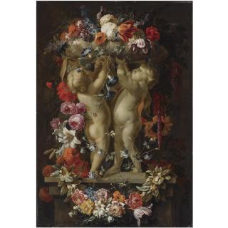 Gaspar Peeter Verbruggen the Younger - A Still Life With A Garland Of Flowers Surrounding A Vase With Two Sculpted Putti, On A Stone Ledge