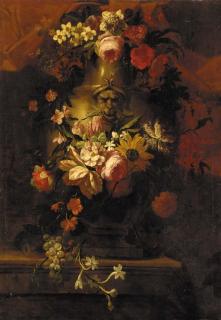 Gaspar Peeter Verbrugghen II - Roses, carnations, daffodils, a sunflower and other flowers in a stone urn, with grapes on the vine on a stone ledge