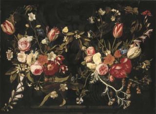 Gaspar Pieter Verbruggen I - A garland of roses, tulips, cornflowers, foxgloves and other flowers against a stone cartouche