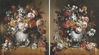 Gaspar Pieter Verbruggen I - Lilies, passiflora, jasmine, morning glory and other flowers in an urn on a stone ledge; and Roses, tulips, jasmine, an iris and other flowers in an urn on a stone ledge