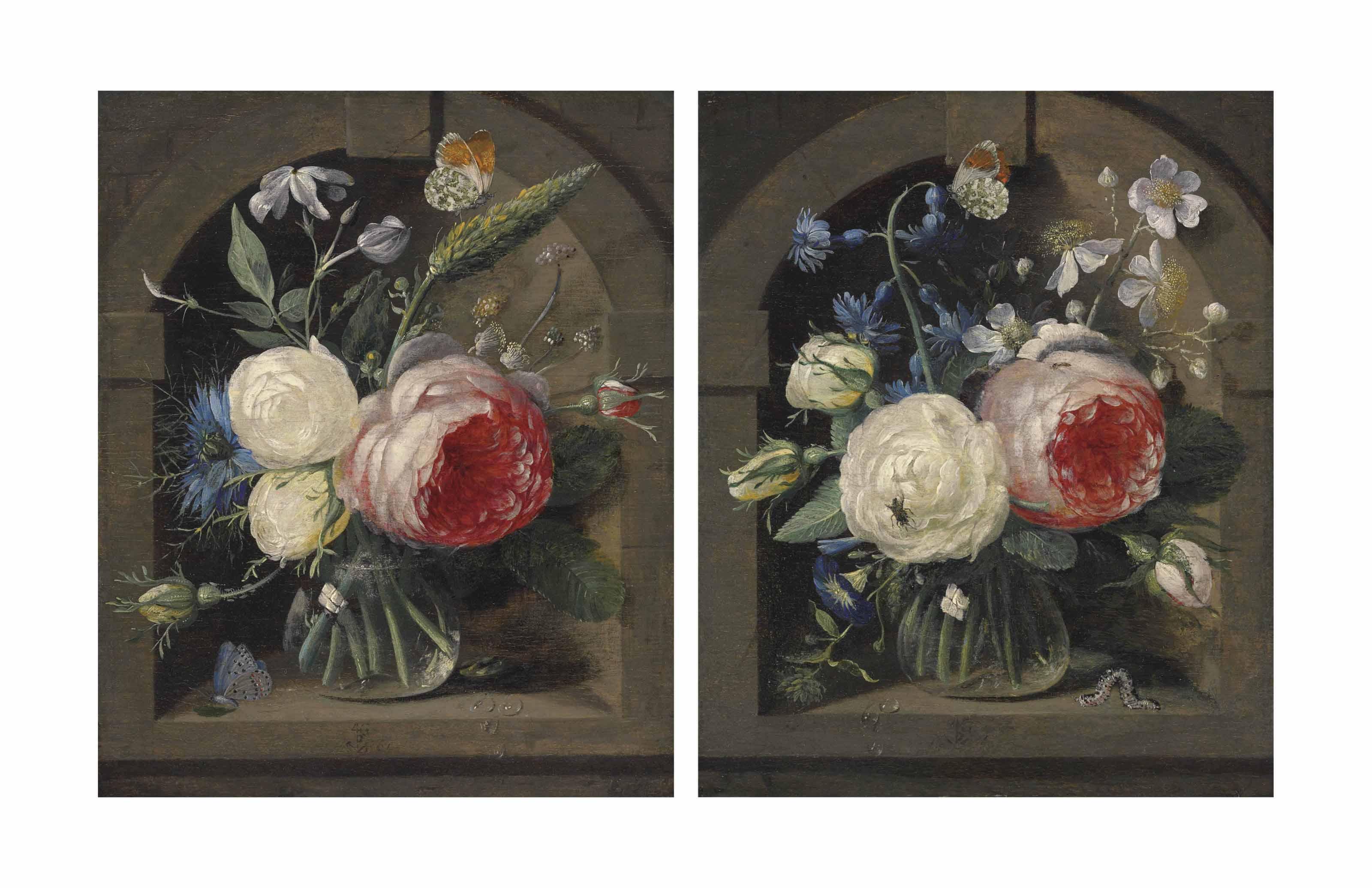 Gaspar Pieter Verbruggen I - Roses, a cornflower and wildflowers in a vase with two butterflies in a niche; and Roses, bluebells and other flowers in a vase with a butterfly and other insects in a niche