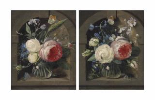 Gaspar Pieter Verbruggen I - Roses, a cornflower and wildflowers in a vase with two butterflies in a niche; and Roses, bluebells and other flowers in a vase with a butterfly and other insects in a niche