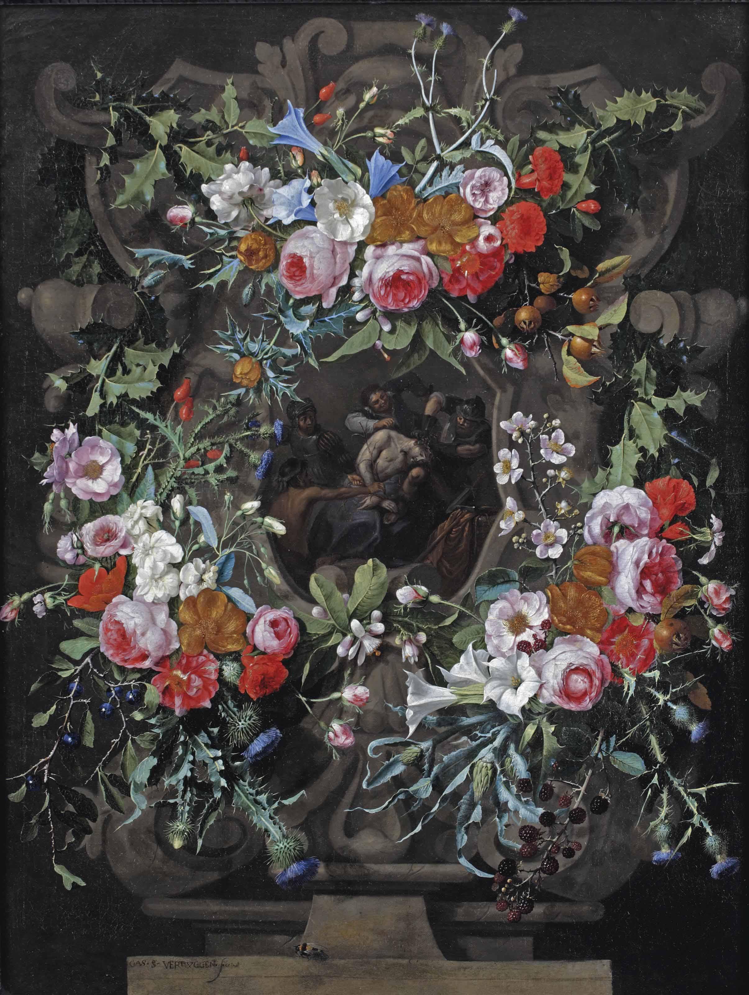 Gaspar Pieter Verbruggen I - The Mocking of Christ surrounded by a sculpted cartouche with a garland of holly, thistles, blue and white morning glory, peonies, dog roses and other flowers, with a bee on a stone ledge