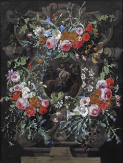 Gaspar Pieter Verbruggen I - The Mocking of Christ surrounded by a sculpted cartouche with a garland of holly, thistles, blue and white morning glory, peonies, dog roses and other flowers, with a bee on a stone ledge