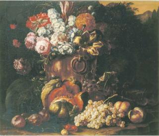 Gaspar Pieter Verbruggen II - A Still Life Of Flowers In A Bronze Vase, With A Melon, Grapes, Peaches And Other Fruit On A Forest Floor