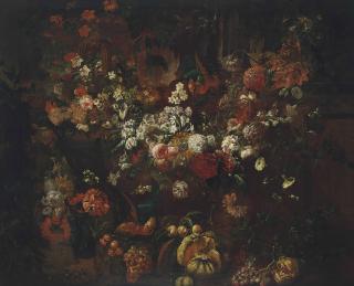 Gaspar Pieter Verbruggen Ii - Geums, roses, parrot tulips, chrysanthemums, sunflower and other flowers in an architectural setting, with a gourd, grapes, peaches, plums, a pomegranate and other fruit with parrots