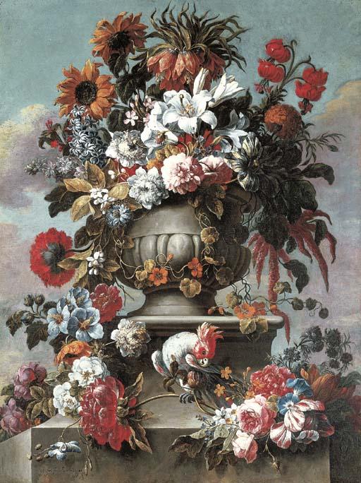 Gaspar Pieter Verbruggen II - Lillies, peonies, sunflowers, foxglove and other flowers in an urn with a cockatoo on a stone ledge
