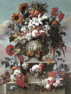 Gaspar Pieter Verbruggen II - Lillies, peonies, sunflowers, foxglove and other flowers in an urn with a cockatoo on a stone ledge