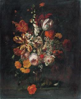 Gaspar Pieter Verbruggen II - Roses, tulips, narcissi, a foxglove and other flowers in a glass vase on a ledge