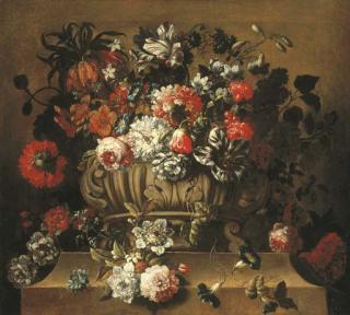 Gaspar Pieter Verbruggen II - Tulips, a crown imperial lily, morning glory, roses, a peony and other flowers in a sculpted urn on a stone ledge