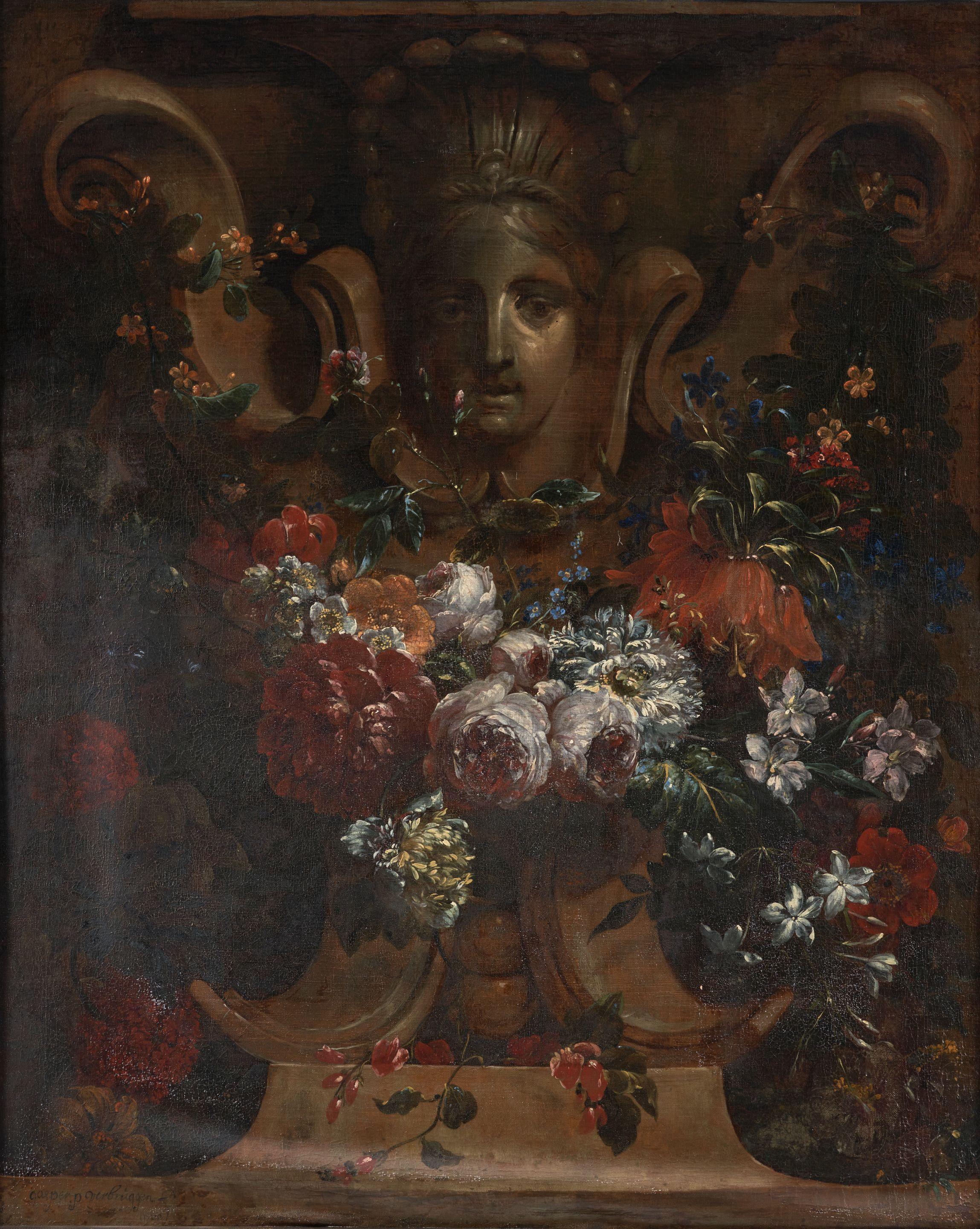 Gaspar Pieter Verbruggen The Younger - Ornate Floral Still Life Before a Garden Ornament