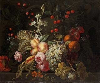 Gaspar Pieter Verbruggen the Younger - Quince, grapes, cherries and other fruit with roses on a stone ledge