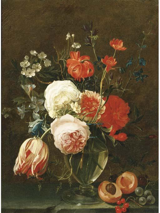 Gaspar Thielens - A Still Life Of Flowers In A Glass Vase With Fruit On A Stone Ledge
