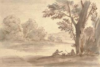 Gaspar van Wittel - A lake on the edge of a wood with two figures by a tree