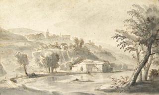 Gaspar van Wittel - An Italian village on a hill seen from a river bank (recto); A sketch of a coastline (verso)