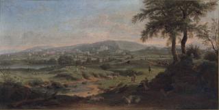 Gaspar Van Wittel - Frascati, with shepherds and their flock resting by a stream in the foreground, other figures on a road beyond