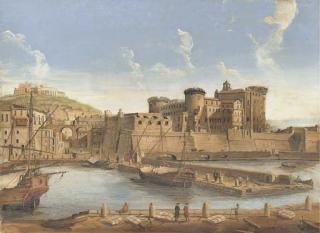 Gaspar Van Wittel - La Darsena delle galere: View of Naples from the harbour, with a view of the Castel Nuovo and Capodimonte beyond