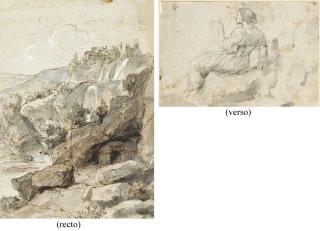 Gaspar Van Wittel - Les chutes de Tivoli (recto); Une femme assise vue de dos (verso)