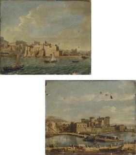 Gaspar Van Wittel - Naples from the Sea, looking North East towards the Castel dell\'Ovo, with the Castel Sant\'Elmo and the Certosa di San Martino beyond; and The Darsena, Naples, with the Castel Nuovo and the Castel Sant\'Elmo beyond.