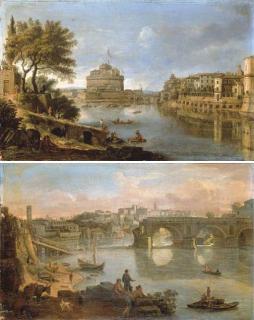 Gaspar van Wittel - Rome: A view of the Tiber, with the Castel Sant\'Angelo and of San Giovanni dei Fiorentini; and A view of the Tiber with the Ponte Rotto and the Aventine Hill beyond