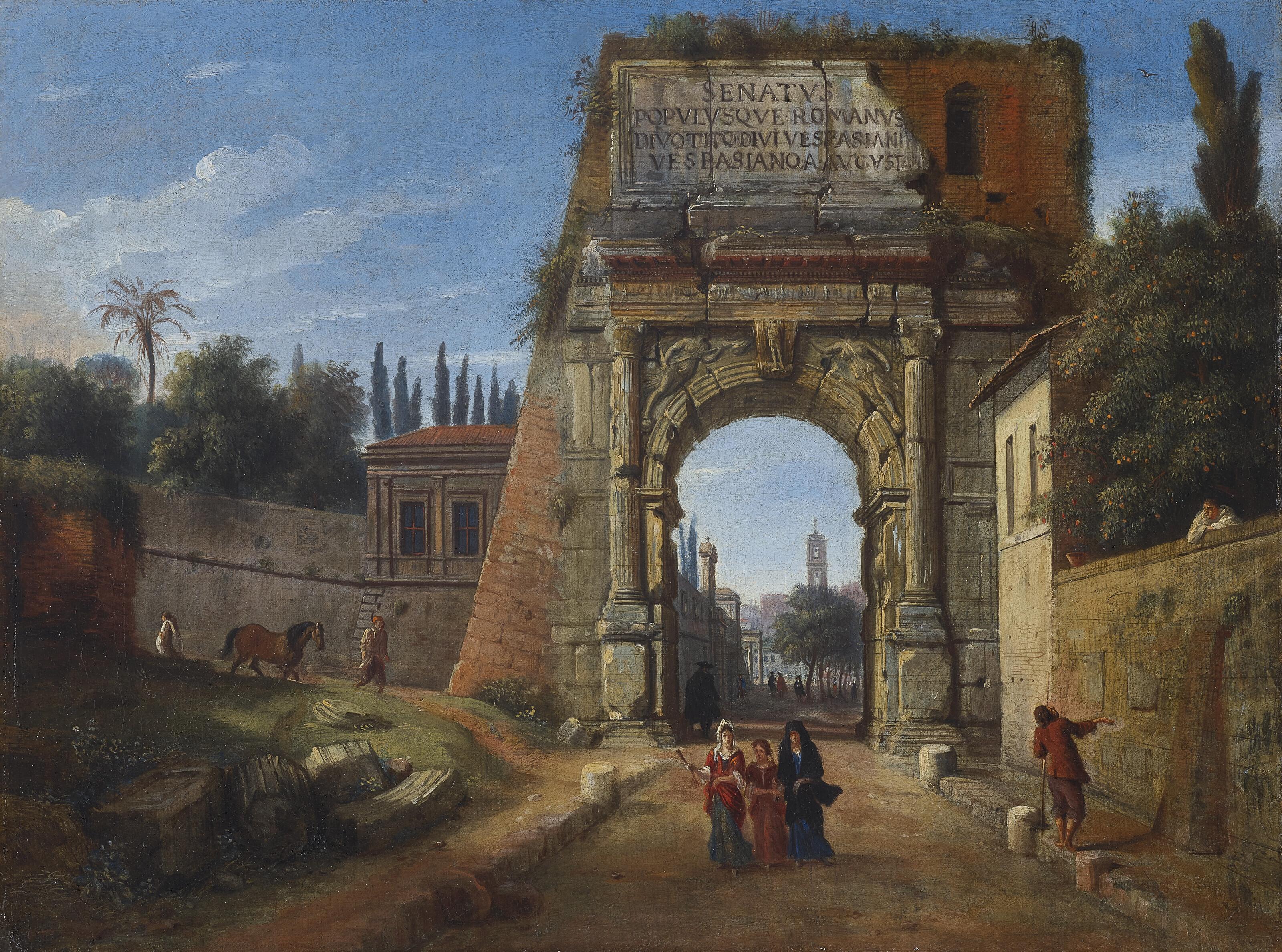Gaspar Van Wittel - The Arch of Titus, Rome, with figures strolling amongst ruins