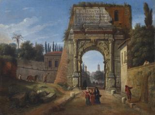 Gaspar Van Wittel - The Arch of Titus, Rome, with figures strolling amongst ruins