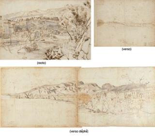 Gaspar van Wittel - Vue de la ville de Sorrente aux environs de Naples (recto); Vue du Vésuve au lointain (verso); Vue de la baie de Sorrento, des collines à l\'arrière plan (verso déplié)