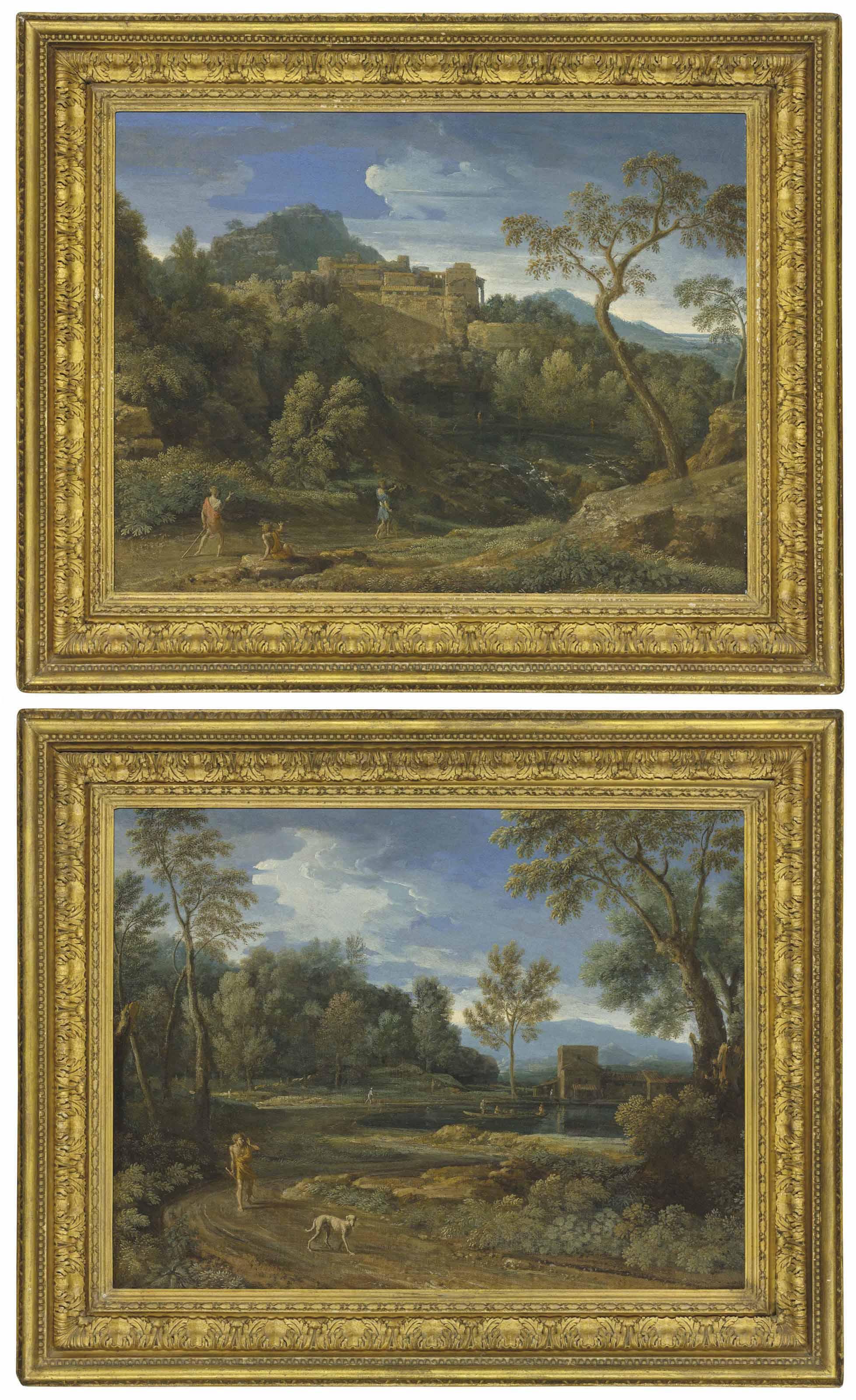 Gaspard Dughet, Called Gaspard Poussin - A classical landscape with figures on a road, a town beyond; and A wooded landscape with a lake and a man with his dog in the foreground
