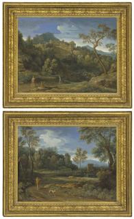 Gaspard Dughet, Called Gaspard Poussin - A classical landscape with figures on a road, a town beyond; and A wooded landscape with a lake and a man with his dog in the foreground