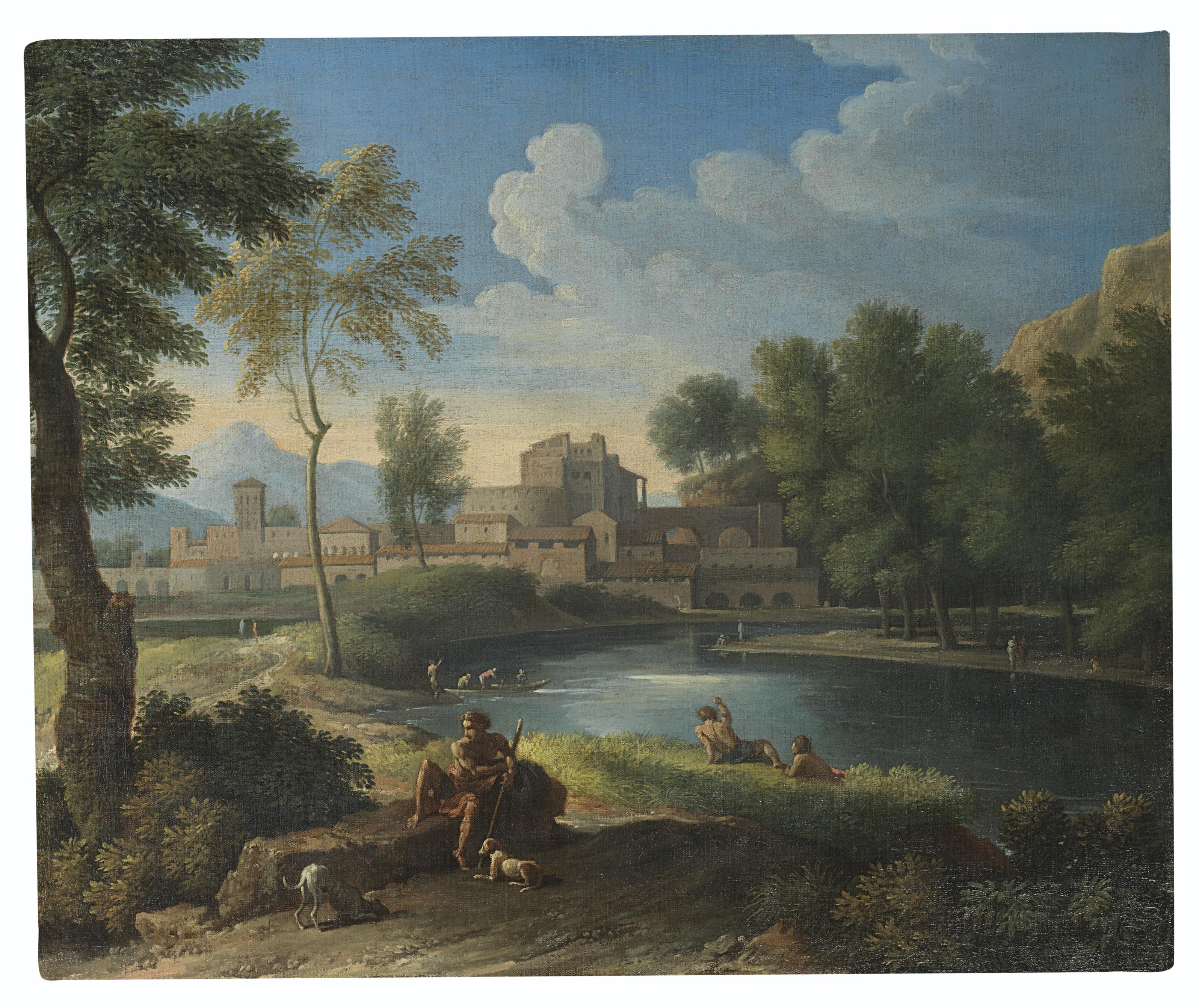 Gaspard Dughet, Called Gaspard Poussin - A pastoral landscape with a shepherd reclining, a fortified city beyond