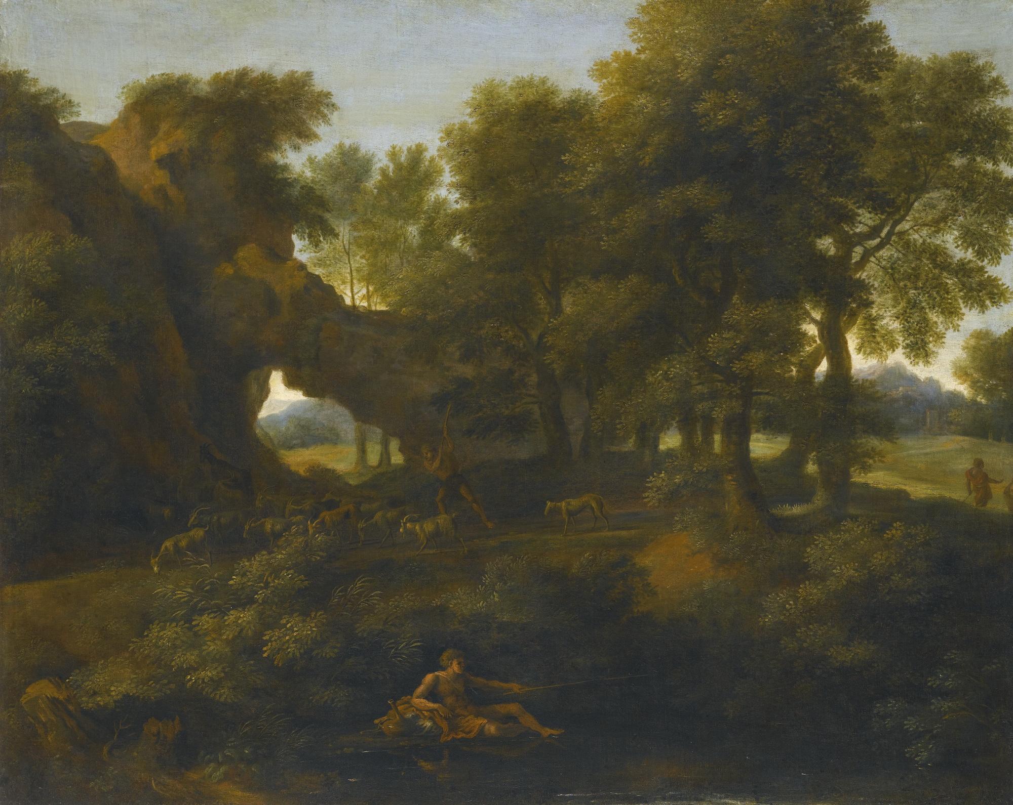 Gaspard Dughet - A Classical Landscape With A Fisherman In The Foreground And A Herder With Goats On The Path Beyond