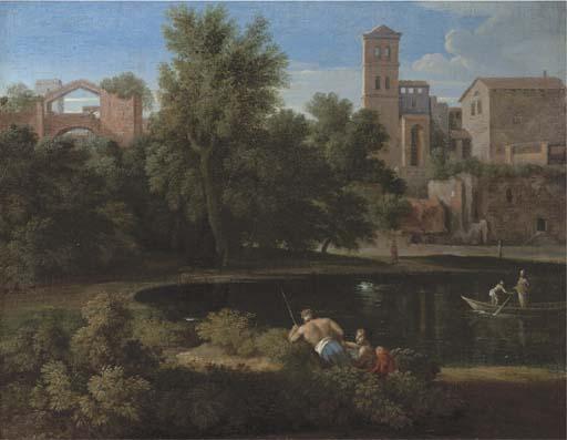 Gaspard Dughet - A Classical Landscape With Figures Resting By A Lake, A Town Beyond