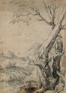 Gaspard Dughet - A landscape with a man sitting beside a blasted tree in the foreground, a lake and mountains in the distance