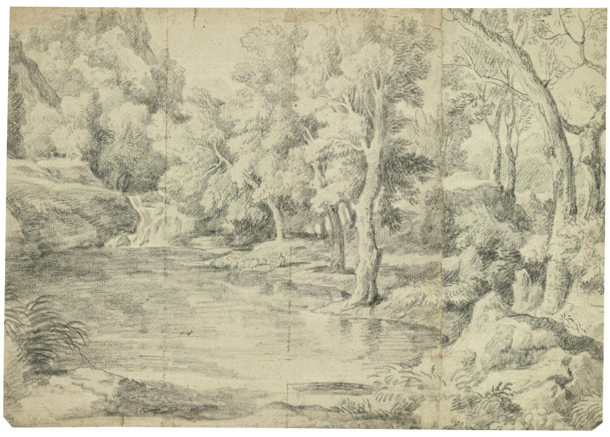 Gaspard Dughet - A Landscape With A River Running Through A Forest, A Shepherd And His Flock Resting On The Bank