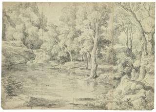Gaspard Dughet - A Landscape With A River Running Through A Forest, A Shepherd And His Flock Resting On The Bank