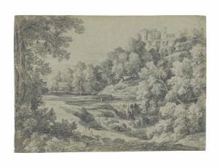 Gaspard Dughet - A landscape with a seated figure by a waterfall in the foreground and a castle on a hill in the distance