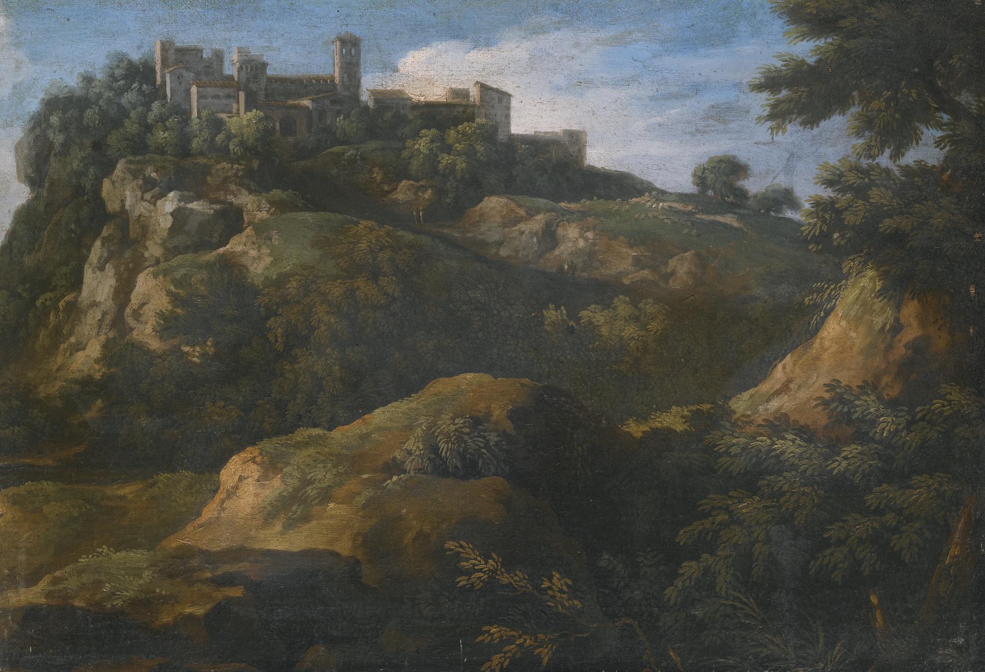 Gaspard Dughet - A Rocky Roman Landscape With A Hilltop Town