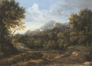 Gaspard Dughet - A wooded landscape with a village in flames and mountains beyond