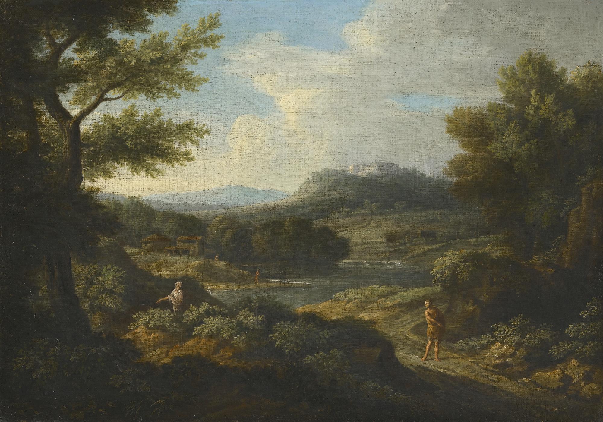Gaspard Dughet - An Arcadian River Landscape With Figures In The Foreground And A Hilltop Castle Beyond