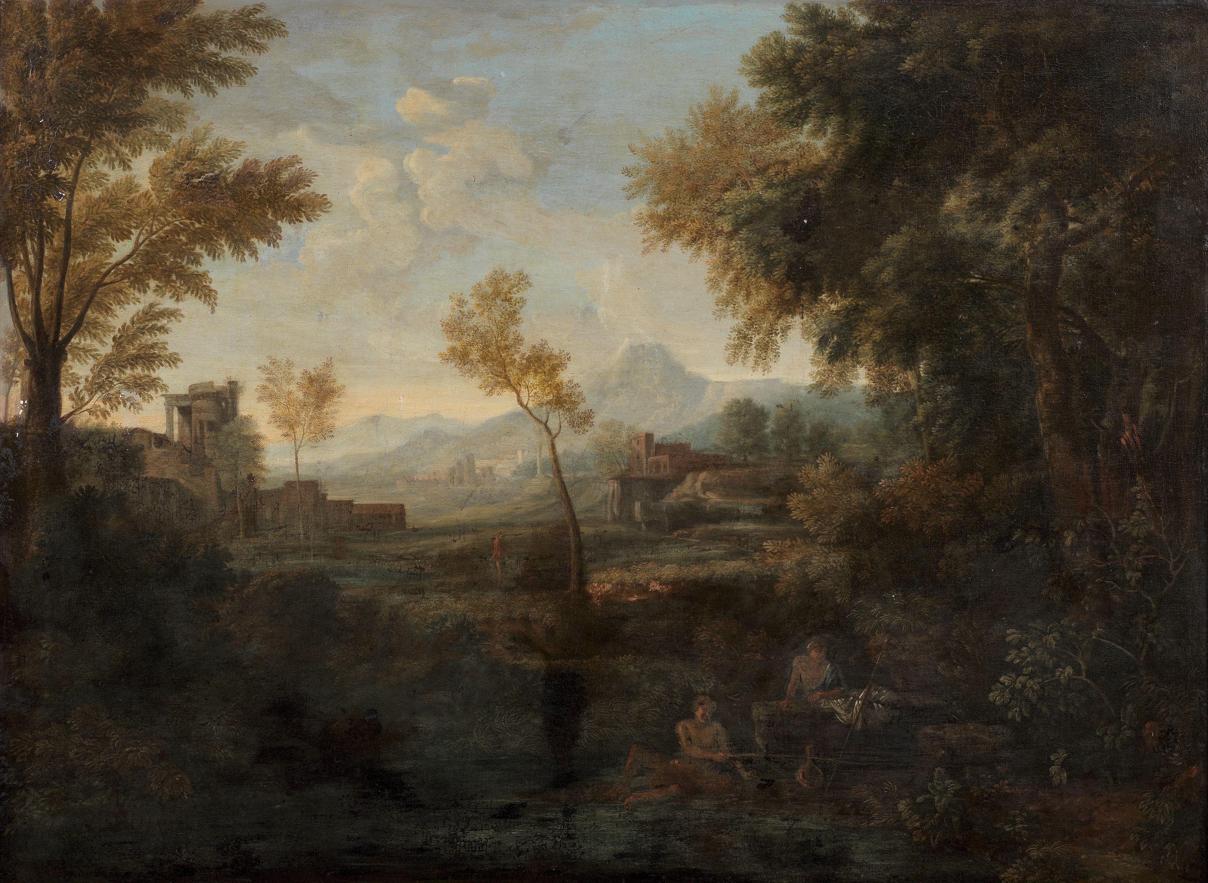 Gaspard Dughet - An extensive classical landscape with fishermen on the banks of a river